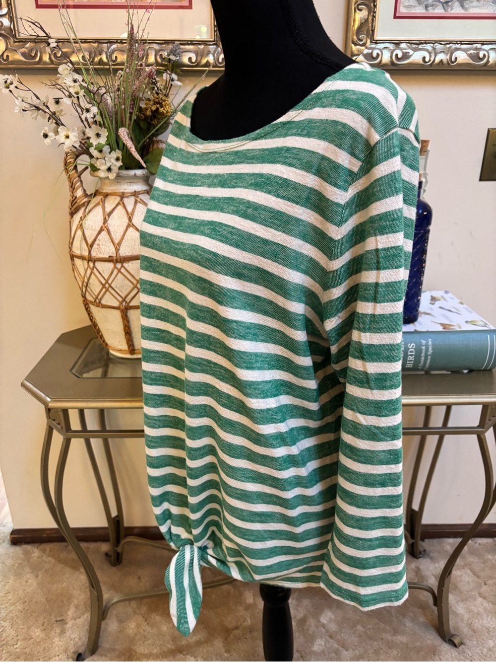 Old Navy Cotton Green & White Striped Tie-Front  Relaxed Fit Mariner Top Size XL - Picture 4 of 8